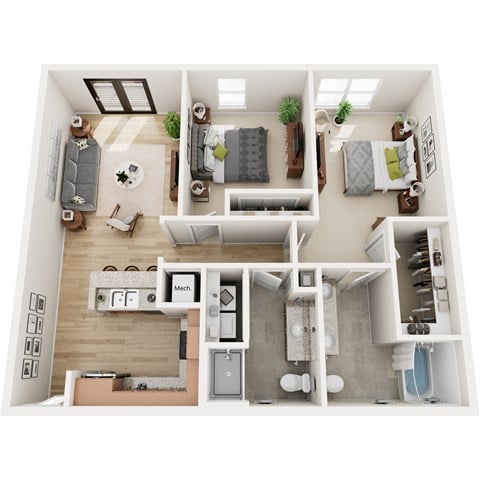 Floor plan for 2 beds, 2 baths, 1215 sqft